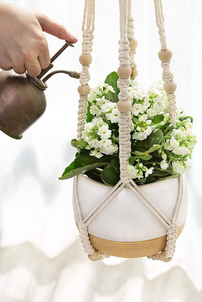 3 Pack Macrame Plant Hangers with Pots, 35"/29"/23" Indoor Different Size Hanging Planter Basket Flower Pot Holder with Saucers & Hooks No Tassels (Plastic Pots Included), Medium, Ivory